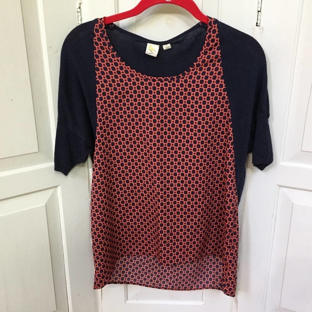 Anthropologie  Yellow Bird Navy and Orange Patterned Top